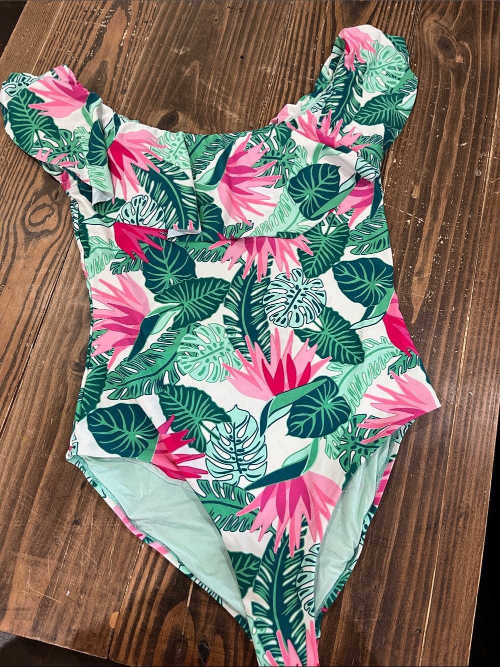 Womens Tropical Leaf One-Piece Swimsuit - Pink & Green